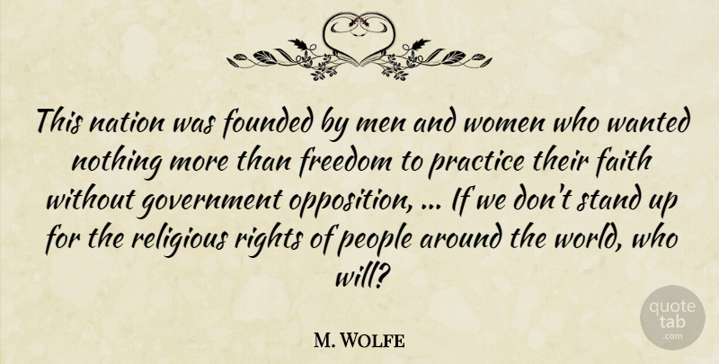 M. Wolfe Quote About Faith, Founded, Freedom, Government, Men: This Nation Was Founded By...