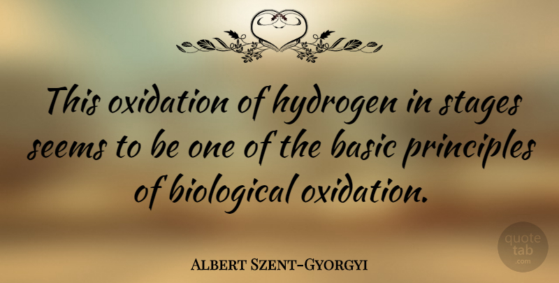 Albert Szent-Gyorgyi Quote About Hydrogen, Principles, Stage: This Oxidation Of Hydrogen In...