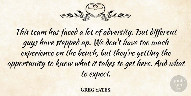 Greg Yates Quote About Adversity, Experience, Faced, Guys, Opportunity: This Team Has Faced A...