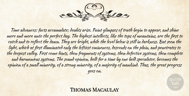Thomas Macaulay Quote About Becomes, Begin, Below, Bold, Catch: Time Advances Facts Accumulate Doubts...