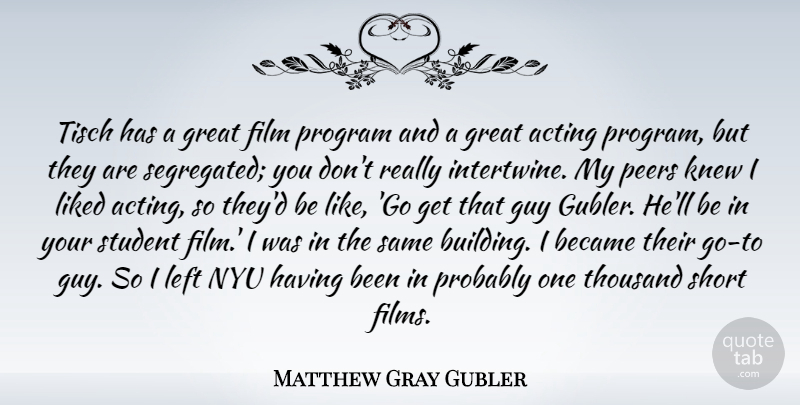 Matthew Gray Gubler Quote About Acting, Became, Great, Guy, Knew: Tisch Has A Great Film...