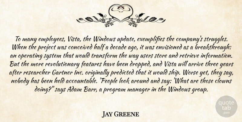 Jay Greene Quote About Adam, Arrive, Clowns, Conceived, Decade: To Many Employees Vista The...