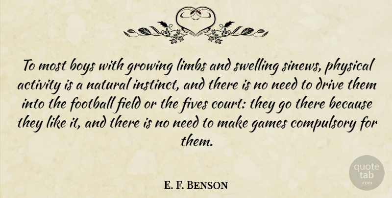 E. F. Benson Quote About Activity, Boys, Compulsory, Field, Games: To Most Boys With Growing...