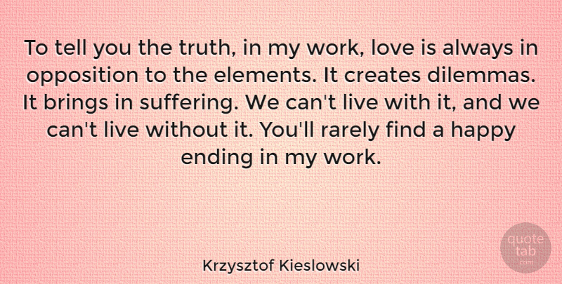 Krzysztof Kieslowski Quote About Brings, Creates, Ending, Happy, Love: To Tell You The Truth...