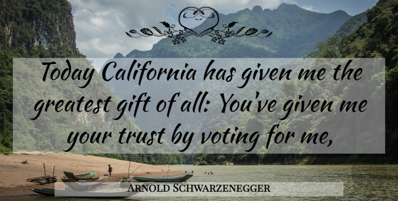 Arnold Schwarzenegger Quote About California, Gift, Given, Greatest, Today: Today California Has Given Me...