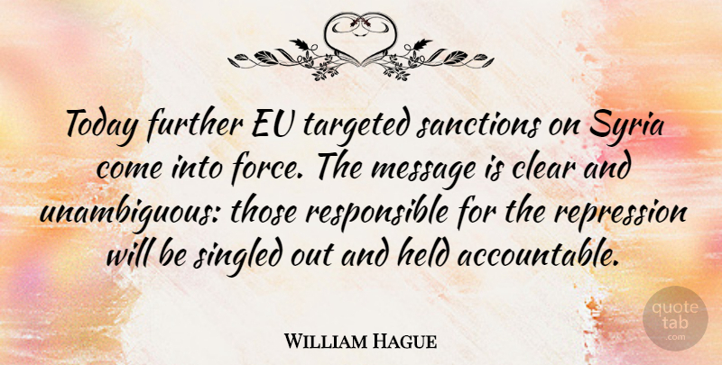William Hague Quote About Today, Messages, Responsible: Today Further Eu Targeted Sanctions...