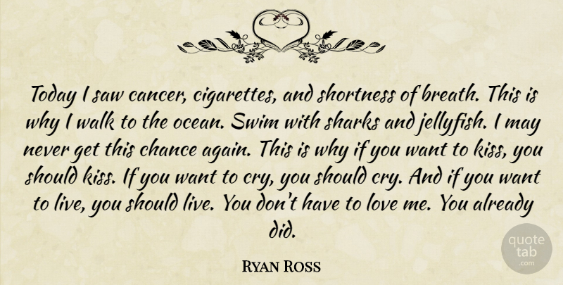 Ryan Ross Quote About Cancer, Ocean, Kissing: Today I Saw Cancer Cigarettes...