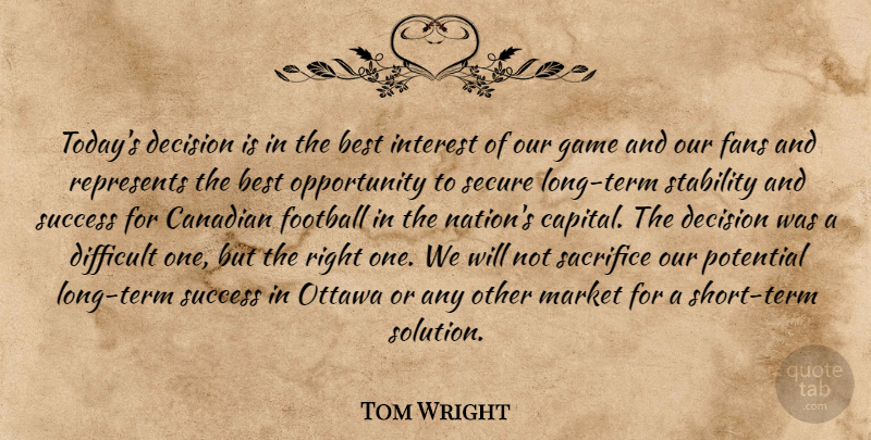 Tom Wright Quote About Best, Canadian, Decision, Difficult, Fans: Todays Decision Is In The...