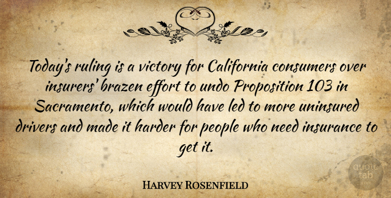 Harvey Rosenfield Quote About California, Consumers, Drivers, Effort, Harder: Todays Ruling Is A Victory...