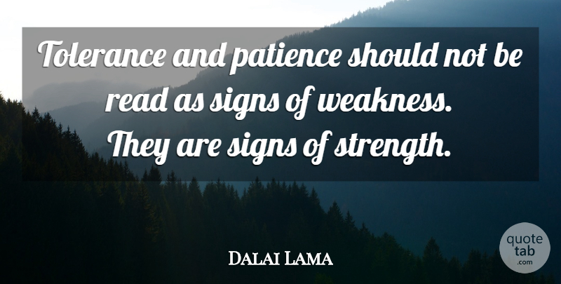 Dalai Lama Quote About Tolerance, Weakness, Should: Tolerance And Patience Should Not...