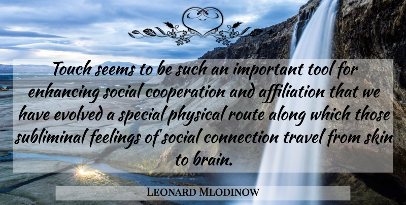 Leonard Mlodinow Quote About Along, Connection, Cooperation, Enhancing, Evolved: Touch Seems To Be Such...