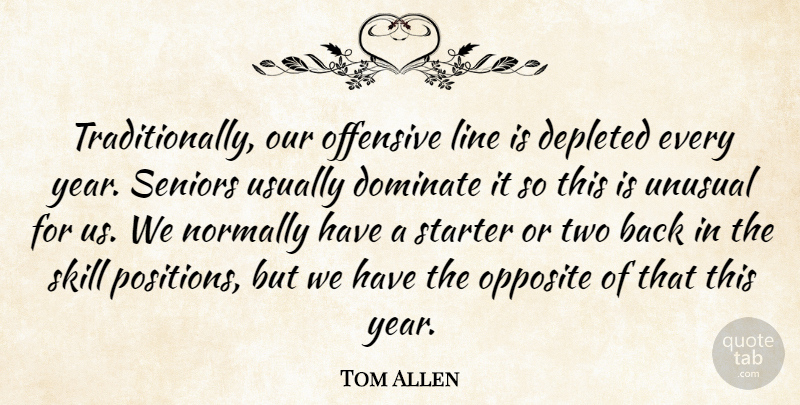 Tom Allen Quote About Depleted, Dominate, Line, Normally, Offensive: Traditionally Our Offensive Line Is...