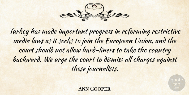 Ann Cooper Quote About Against, Allow, Charges, Country, Court: Turkey Has Made Important Progress...