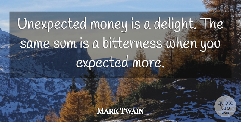 Mark Twain Quote About Money, Delight, Bitterness: Unexpected Money Is A Delight...