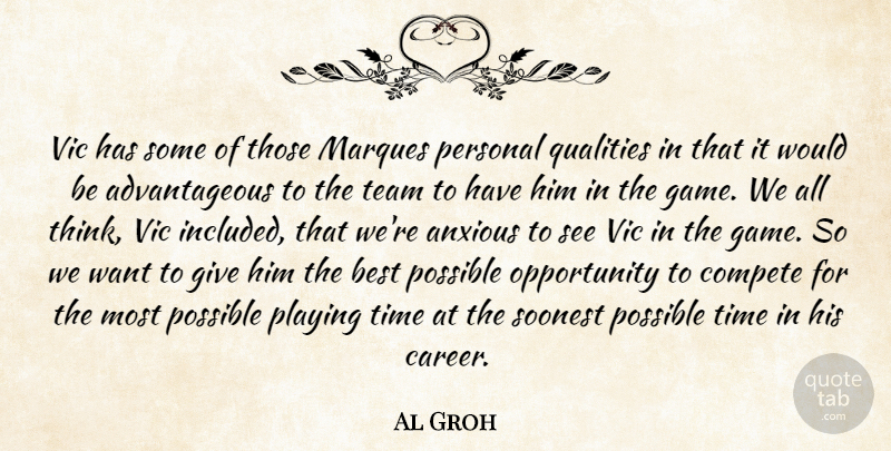 Al Groh Quote About Anxious, Best, Compete, Opportunity, Personal: Vic Has Some Of Those...