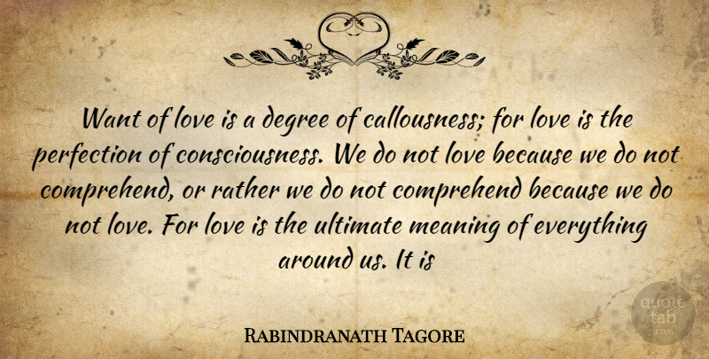 Rabindranath Tagore Quote About Comprehend, Consciousness, Degree, Love, Meaning: Want Of Love Is A...