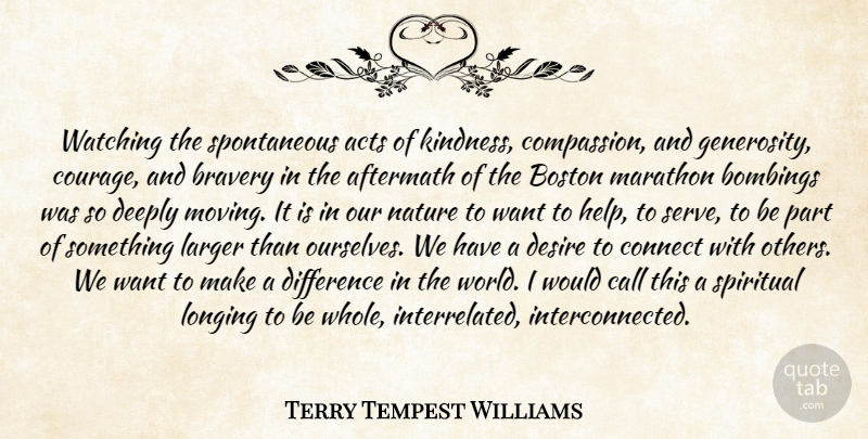 Terry Tempest Williams Quote About Spiritual, Kindness, Moving: Watching The Spontaneous Acts Of...