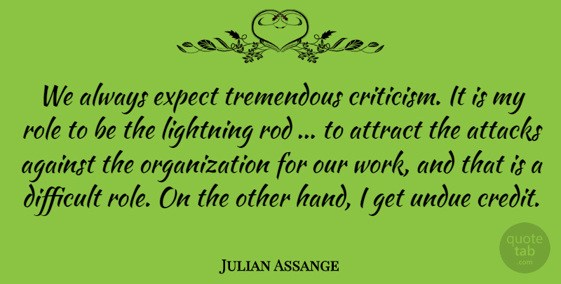 Julian Assange Quote About Hands, Organization, Criticism: We Always Expect Tremendous Criticism...