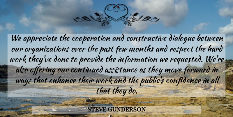 Steve Gunderson Quote About Appreciate, Assistance, Confidence, Continued, Cooperation: We Appreciate The Cooperation And...