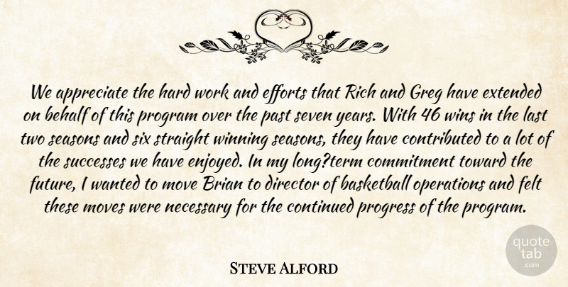 Steve Alford Quote About Appreciate, Basketball, Behalf, Brian, Commitment: We Appreciate The Hard Work...