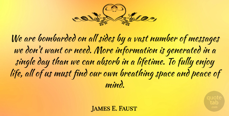 James E. Faust Quote About Absorb, Bombarded, Breathing, Enjoy, Fully: We Are Bombarded On All...