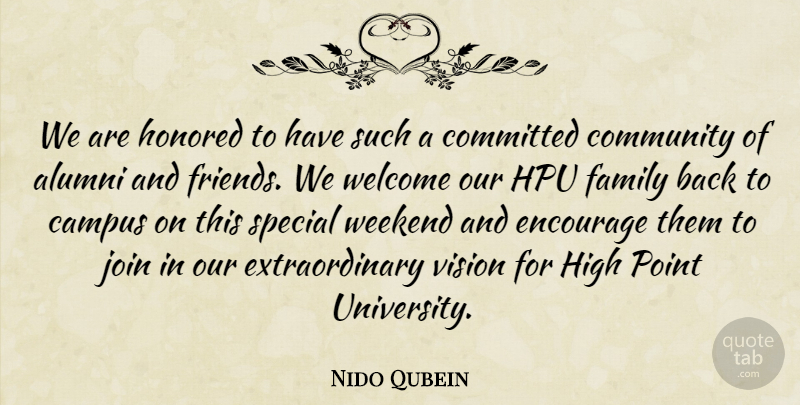 Nido Qubein Quote About Alumni, Campus, Committed, Community, Encourage: We Are Honored To Have...