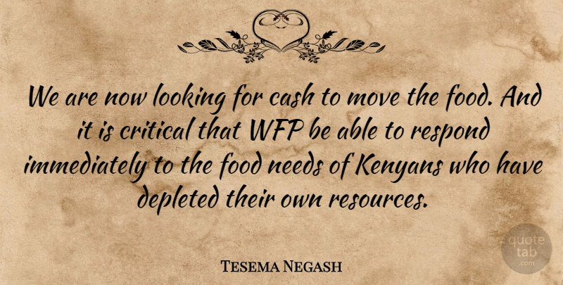Tesema Negash Quote About Cash, Critical, Depleted, Food, Looking: We Are Now Looking For...
