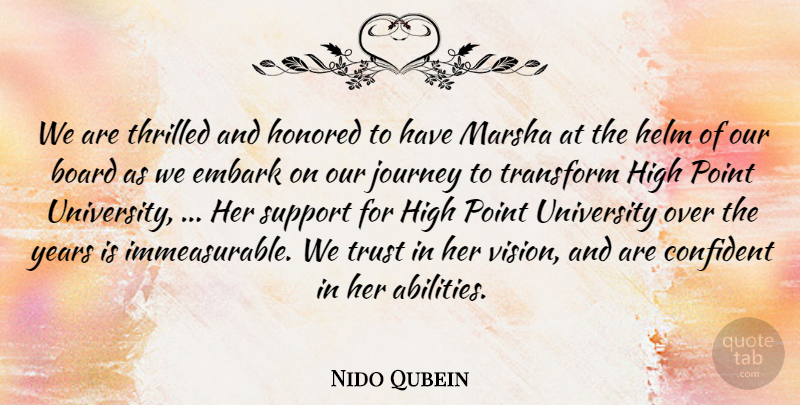 Nido Qubein Quote About Board, Confident, Embark, Helm, High: We Are Thrilled And Honored...