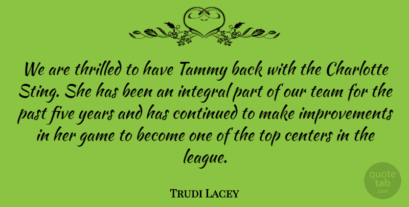 Trudi Lacey Quote About Centers, Charlotte, Continued, Five, Game: We Are Thrilled To Have...