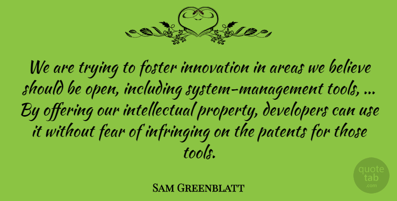 Sam Greenblatt Quote About Areas, Believe, Developers, Fear, Foster: We Are Trying To Foster...