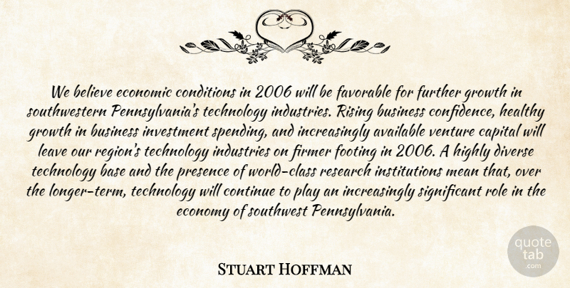Stuart Hoffman Quote About Available, Base, Believe, Business, Capital: We Believe Economic Conditions In...