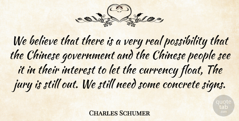 Charles Schumer Quote About Believe, Chinese, Concrete, Currency, Government: We Believe That There Is...