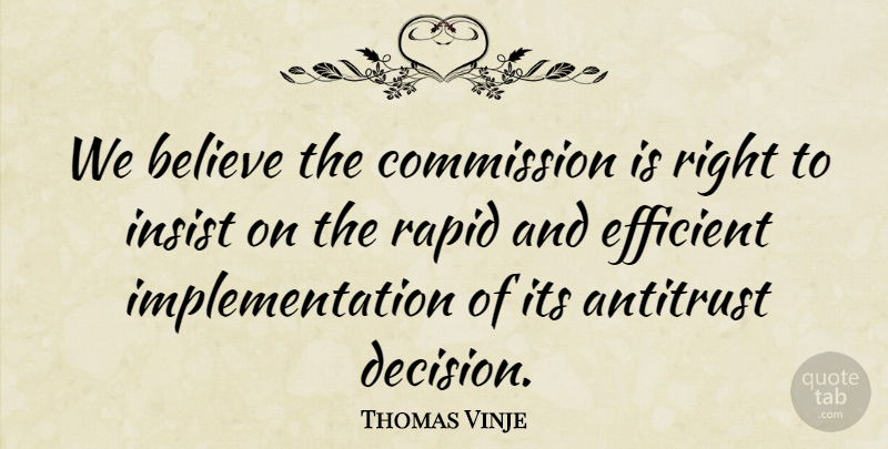 Thomas Vinje Quote About Believe, Commission, Efficient, Insist, Rapid: We Believe The Commission Is...