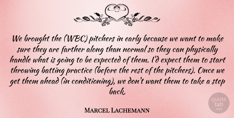 Marcel Lachemann Quote About Ahead, Along, Batting, Brought, Early: We Brought The Wbc Pitchers...