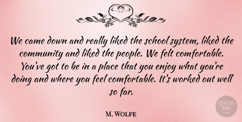 M. Wolfe Quote About Came, Community, Enjoy, Felt, Liked: We Came Down And Really...