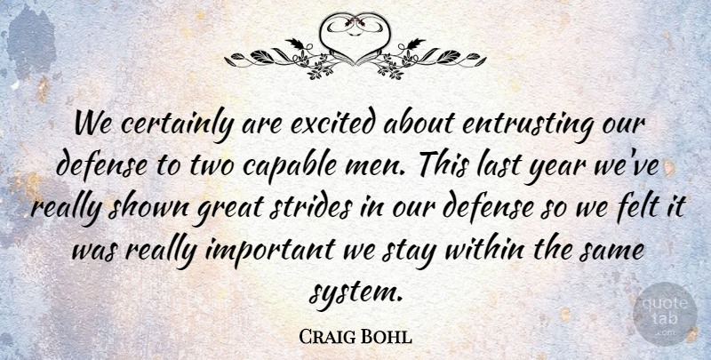 Craig Bohl Quote About Capable, Certainly, Defense, Excited, Felt: We Certainly Are Excited About...