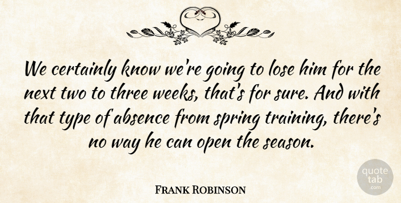 Frank Robinson Quote About Absence, Certainly, Lose, Next, Open: We Certainly Know Were Going...