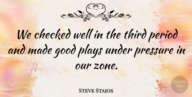Steve Staios Quote About Checked, Good, Period, Plays, Pressure: We Checked Well In The...