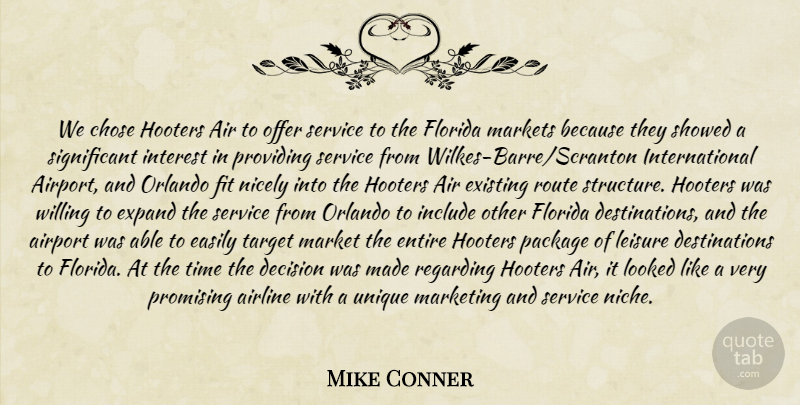 Mike Conner Quote About Air, Airline, Airport, Chose, Decision: We Chose Hooters Air To...