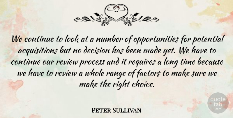 Peter Sullivan Quote About Continue, Decision, Factors, Number, Potential: We Continue To Look At...