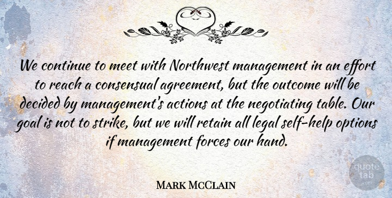 Mark McClain Quote About Actions, Agreement, Continue, Decided, Effort: We Continue To Meet With...
