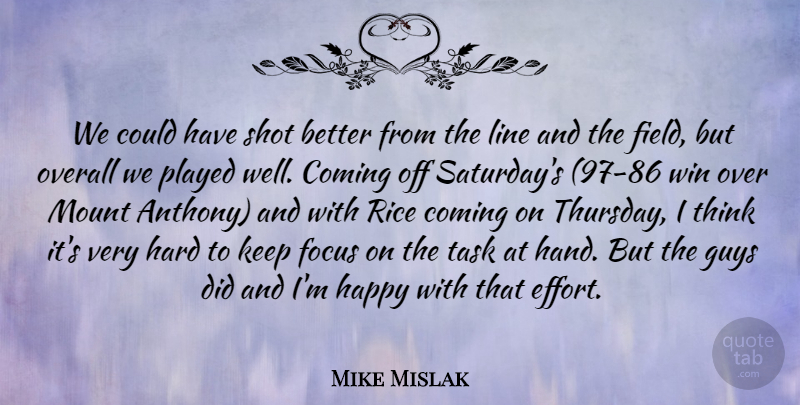 Mike Mislak Quote About Coming, Focus, Guys, Happy, Hard: We Could Have Shot Better...