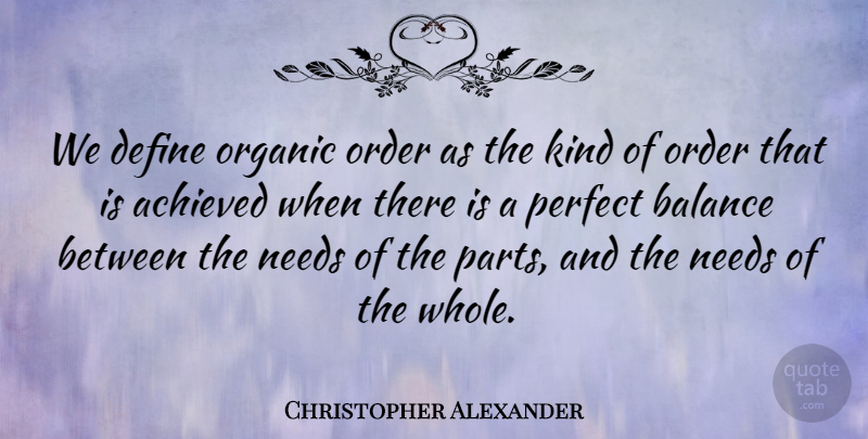 Christopher Alexander Quote About Achieved, Balance, Define, Needs, Order: We Define Organic Order As...