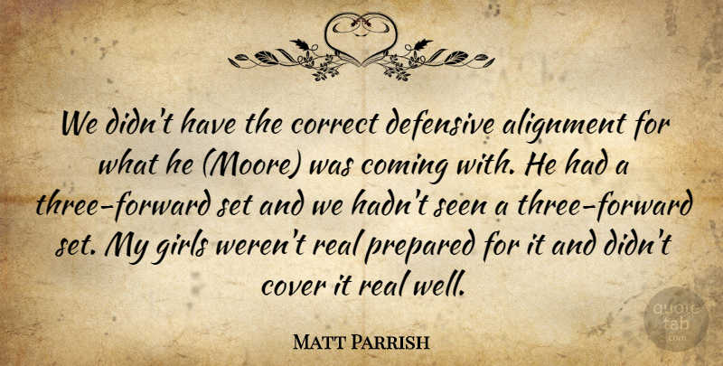 Matt Parrish Quote About Alignment, Coming, Correct, Cover, Defensive: We Didnt Have The Correct...