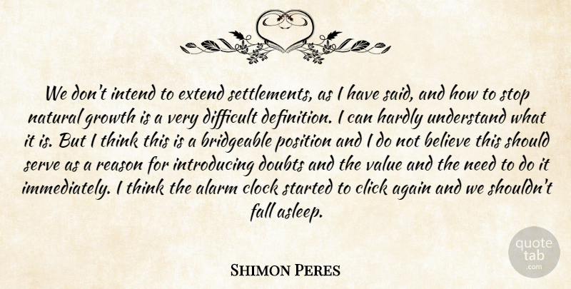 Shimon Peres Quote About Again, Alarm, Believe, Click, Clock: We Dont Intend To Extend...