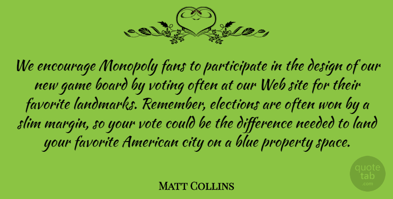 Matt Collins Quote About Blue, Board, City, Design, Difference: We Encourage Monopoly Fans To...