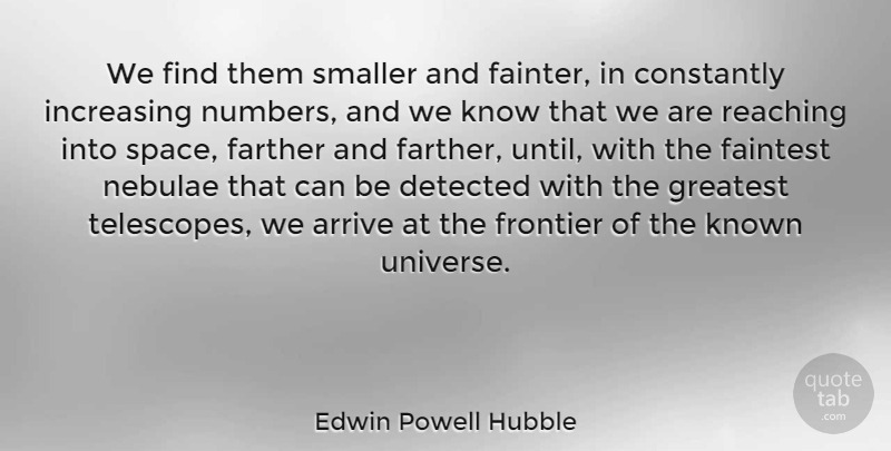 Edwin Powell Hubble Quote About Arrive, Constantly, Farther, Frontier, Increasing: We Find Them Smaller And...