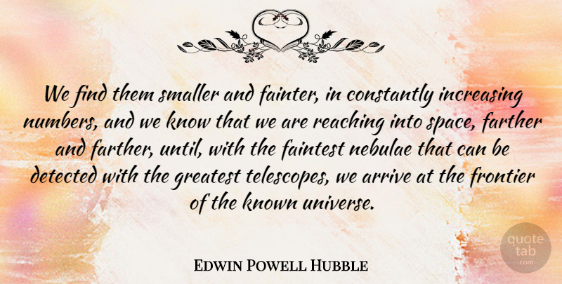 Edwin Powell Hubble Quote About Arrive, Constantly, Farther, Frontier, Increasing: We Find Them Smaller And...