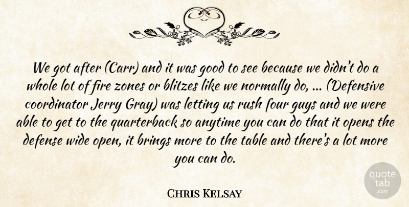 Chris Kelsay Quote About Anytime, Brings, Defense, Fire, Four: We Got After Carr And...
