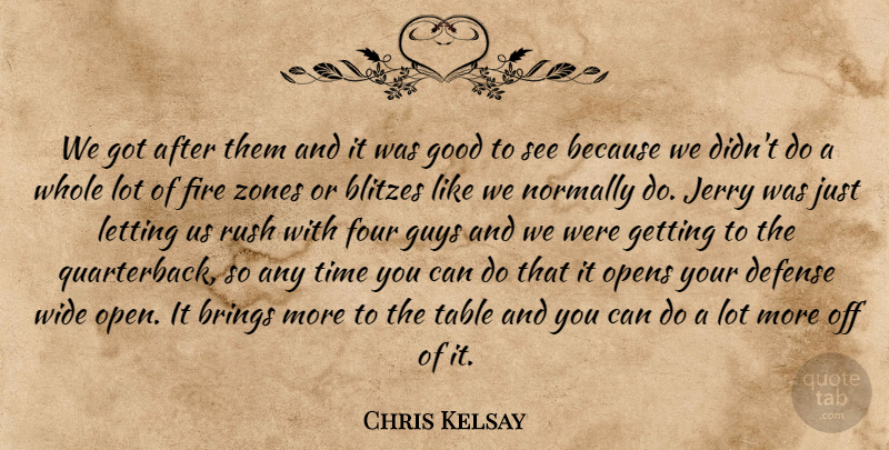Chris Kelsay Quote About Brings, Defense, Fire, Four, Good: We Got After Them And...